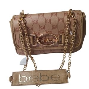 BEBE Leilani Printed Logo Monogram Shoulder Bag With Gold Chain Almond/Tan NWT